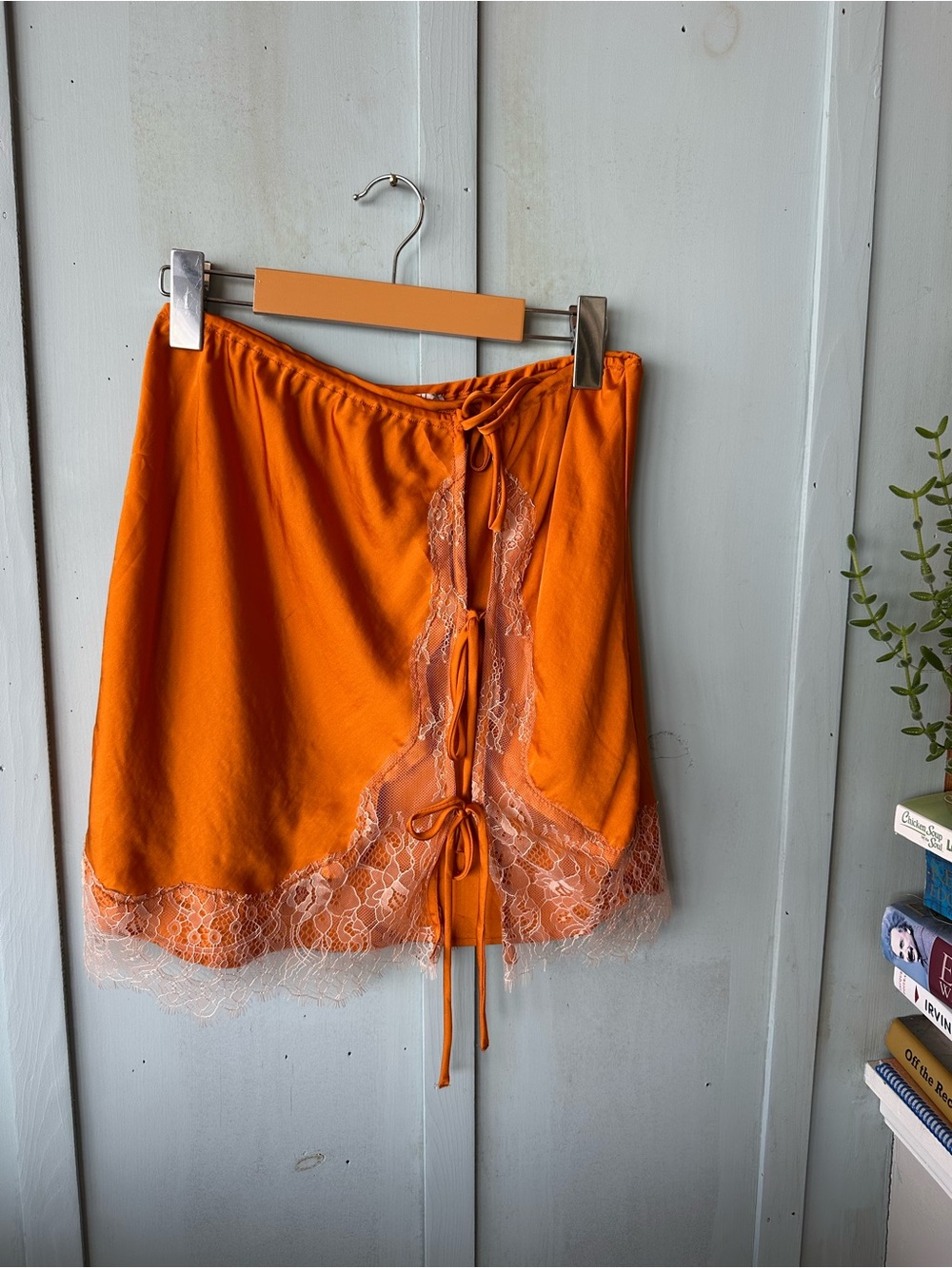 Free People Bright Orange Satin Slip Skirt Double Lined Bohemian Lace Tie - Picture 3 of 8